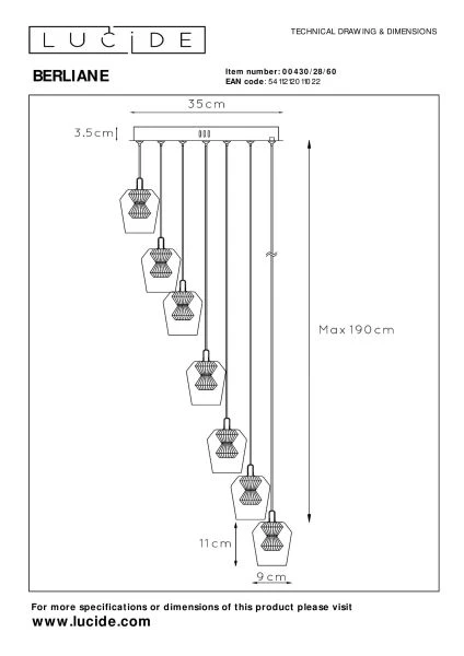 Lucide BERLIANE - Suspension - Ø 39 cm - LED Dim. - 7x4W 2700K - Avec module LED remplaçable - Transparent - technique